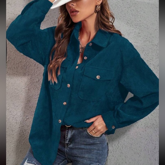 Boho dusty blue button down corduroy shirt - Picture 2 of 16